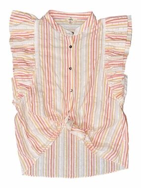 ENTRO Striped Tie-Front Ruffle Sleeve Top in Peach, Pink, Cream & Yellow